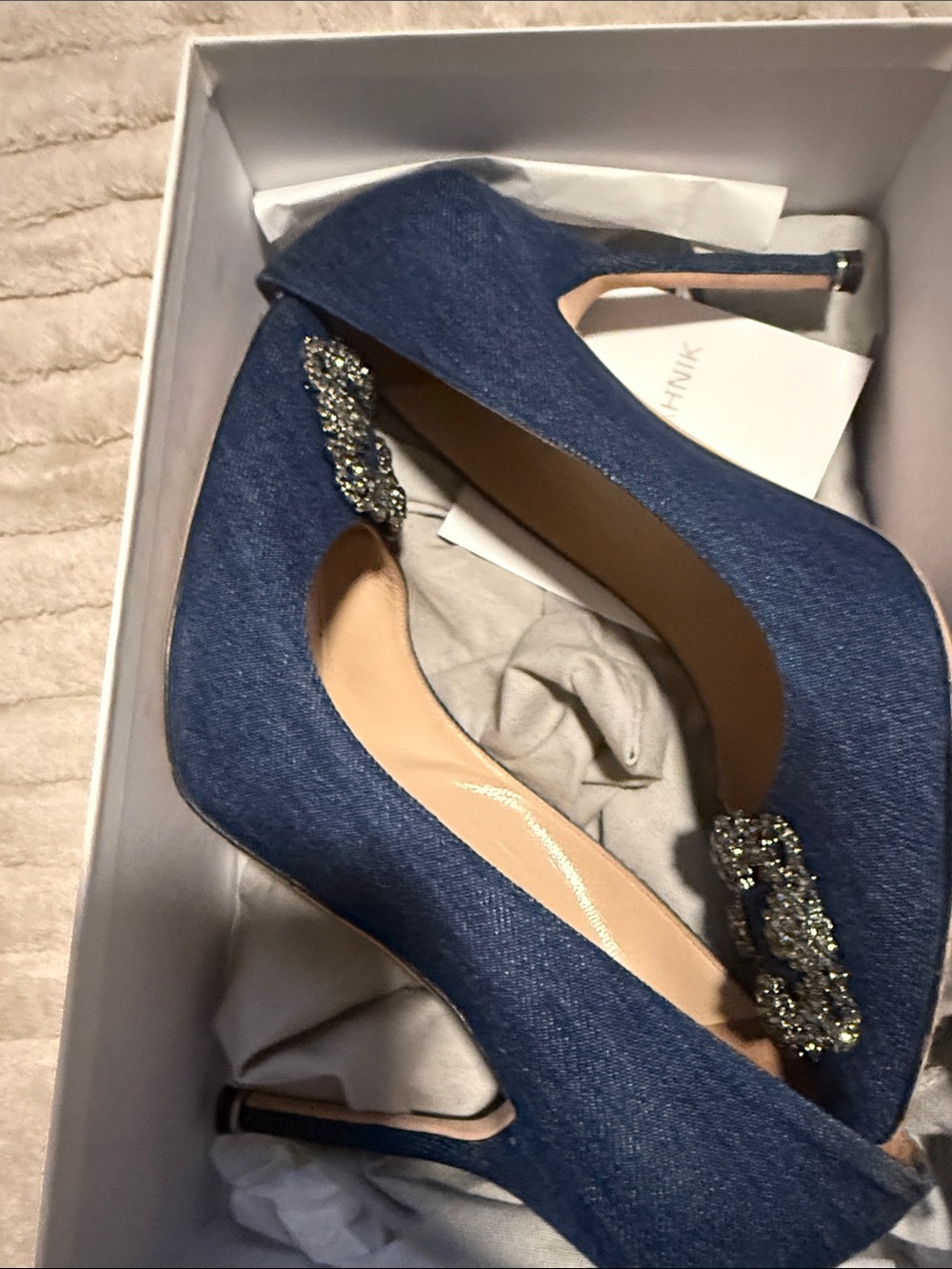 Manolo Blahnik Denim Blue Crystal-Embellished Pointed Toe Pumps